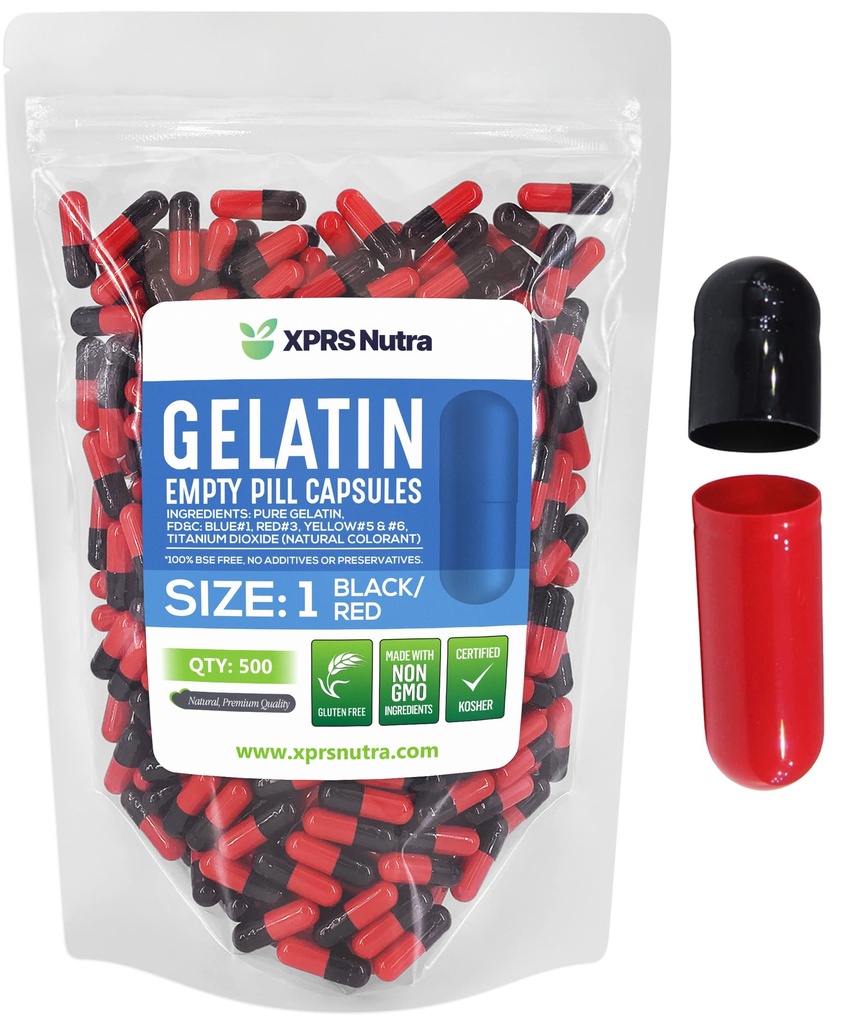 XPRS Nutra Formaat 1 Lege Capsules - 500 Tellen Lege Gelatine Capsules - Pillen DIY Supplement Capsule Vulbare Kleur Gel Caps Pillen voor Do-It-Yourself Supplements (Zwart/Rood)