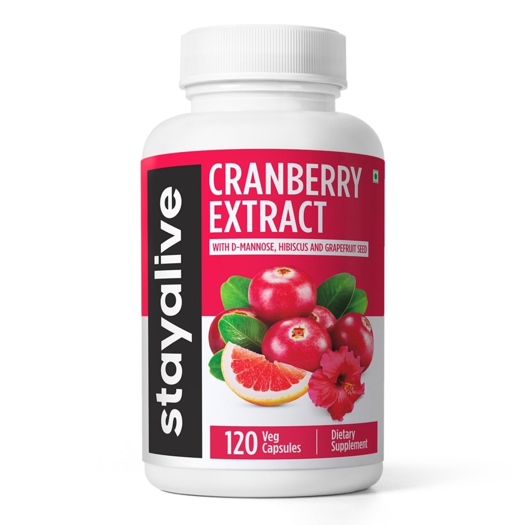 STAY ALIVE Pilules de canneberge pour les femmes et les hommes 1000mg avec extrait de graines de D-mannose, Hibiscus et pamplemousse, 120 Compte, supplément de canneberge D-mannose, végan, capsules de poudre sans OGM et sans gluten