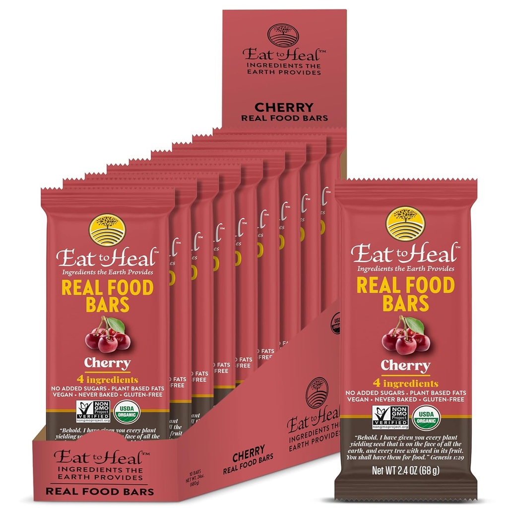 EatToHeal Cherry Real Food Bar - Biologische Vegan Gezonde Glutenvrije Proteïne Bars - Low Sugar Meal Vervanging Bar, Niet GGO, Nooit gebakken, Plant Based - Gemaakt om te genieten, Niet zitten op schuren