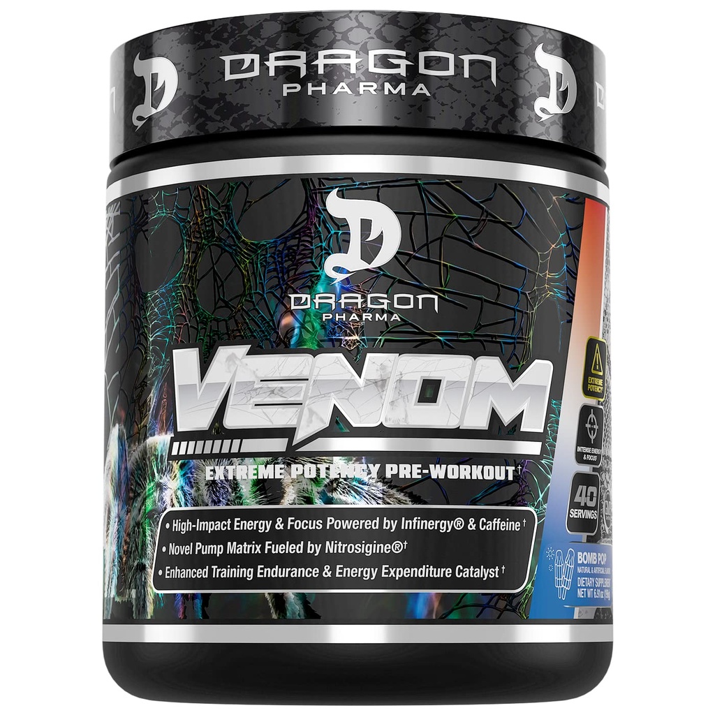 DRAGON PHARMA Venom Extreme Potency Pre-Workout, Laser Sharp Focus + Energy, Intense Performance, Proven Ingredients for Enhanced Vasodilation & Endurance (40 Servings, Bomb Pop)
