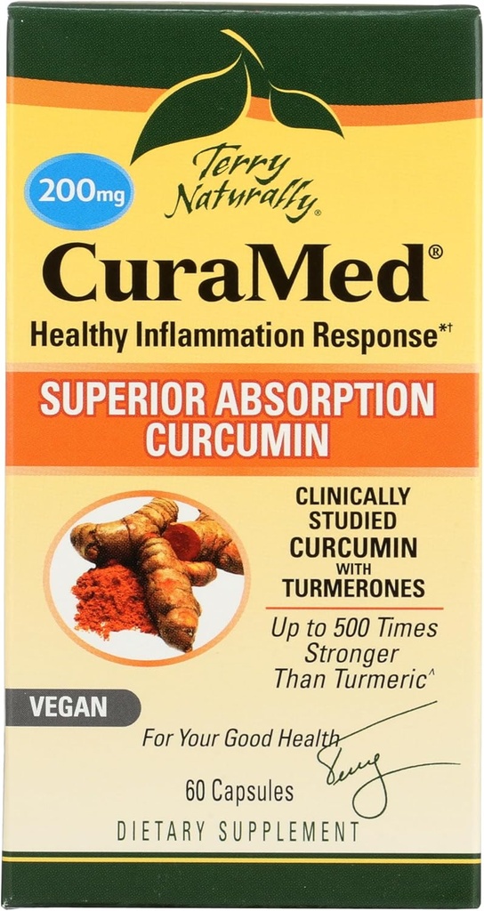 Terry Naturally CuraMed 200 mg - 60 Vegan Softgels - Superior Absorptie BCM-95 Curcumine Supplement, bevordert een gezonde ontsteking respons - non-GMO, Glutenvrije, Kosher - 60 porties