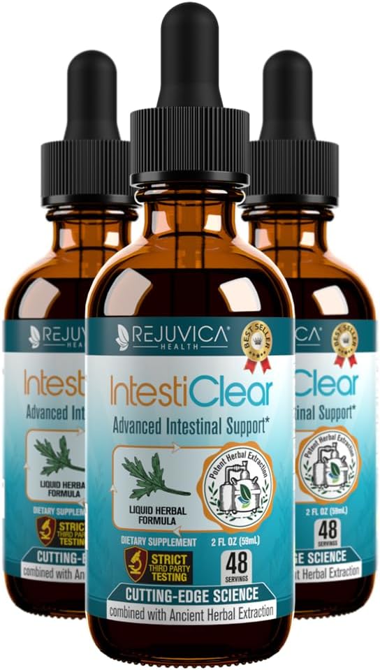 Rejuvica Health IntestiClear - Soutien avancé de nettoyage intestinal pour les humains - Formule de liquide tout-herbal pour l'absorption rapide - Bonus Liver Support - Wormwood, Black Walnut, Ginger et plus