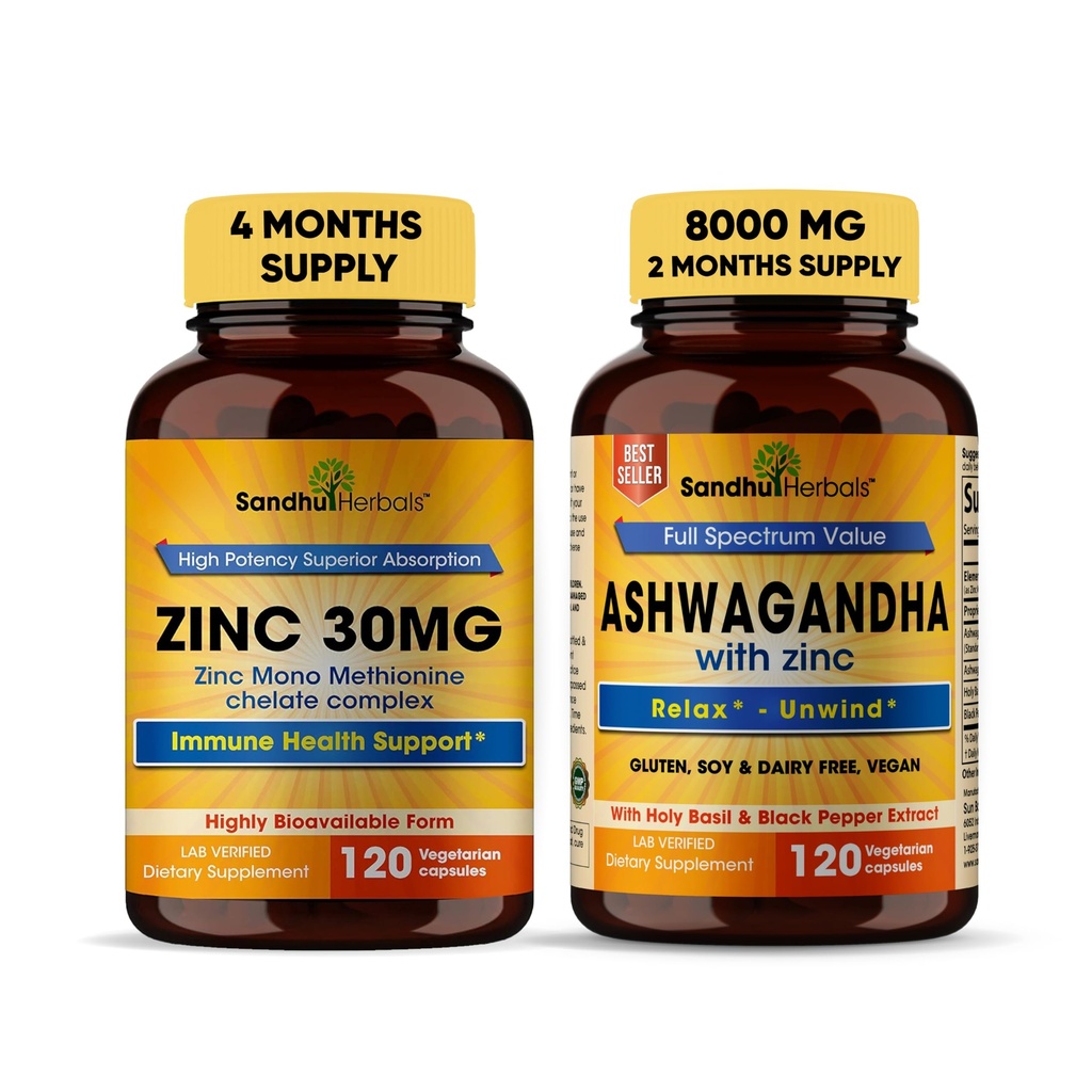 Sandhu Kruiden Zink 30 mg Supplement en Biologische 4 in 1 Ashwagandha Capsules met zink Ondersteunt gezonde huid, immuunsysteem
