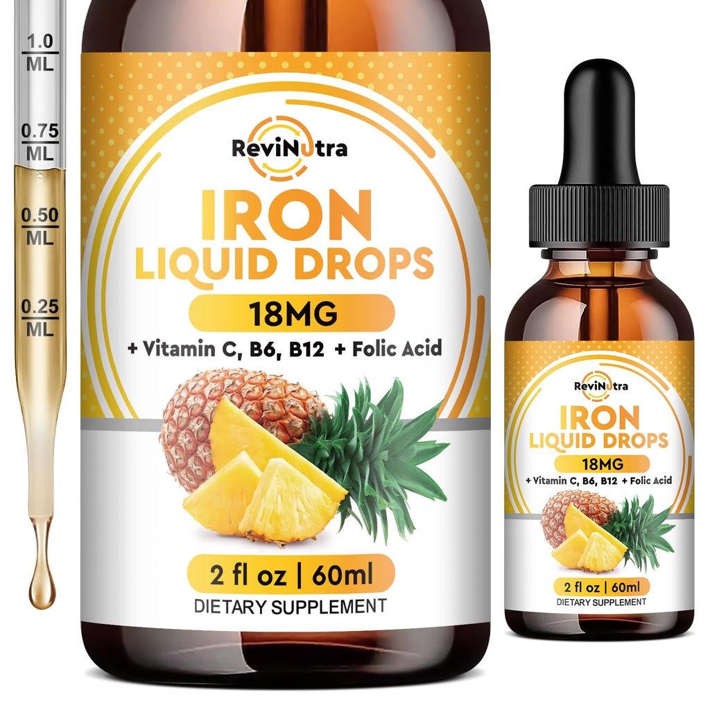 Liquid Iron Supplement voor vrouwen, mannen en kinderen, vloeibare ijzerdruppels met folaat, vitamine C, B6, B12 voor anemie, rode bloedcel, energie ondersteuning, ananas smaak, 2 Fl Oz