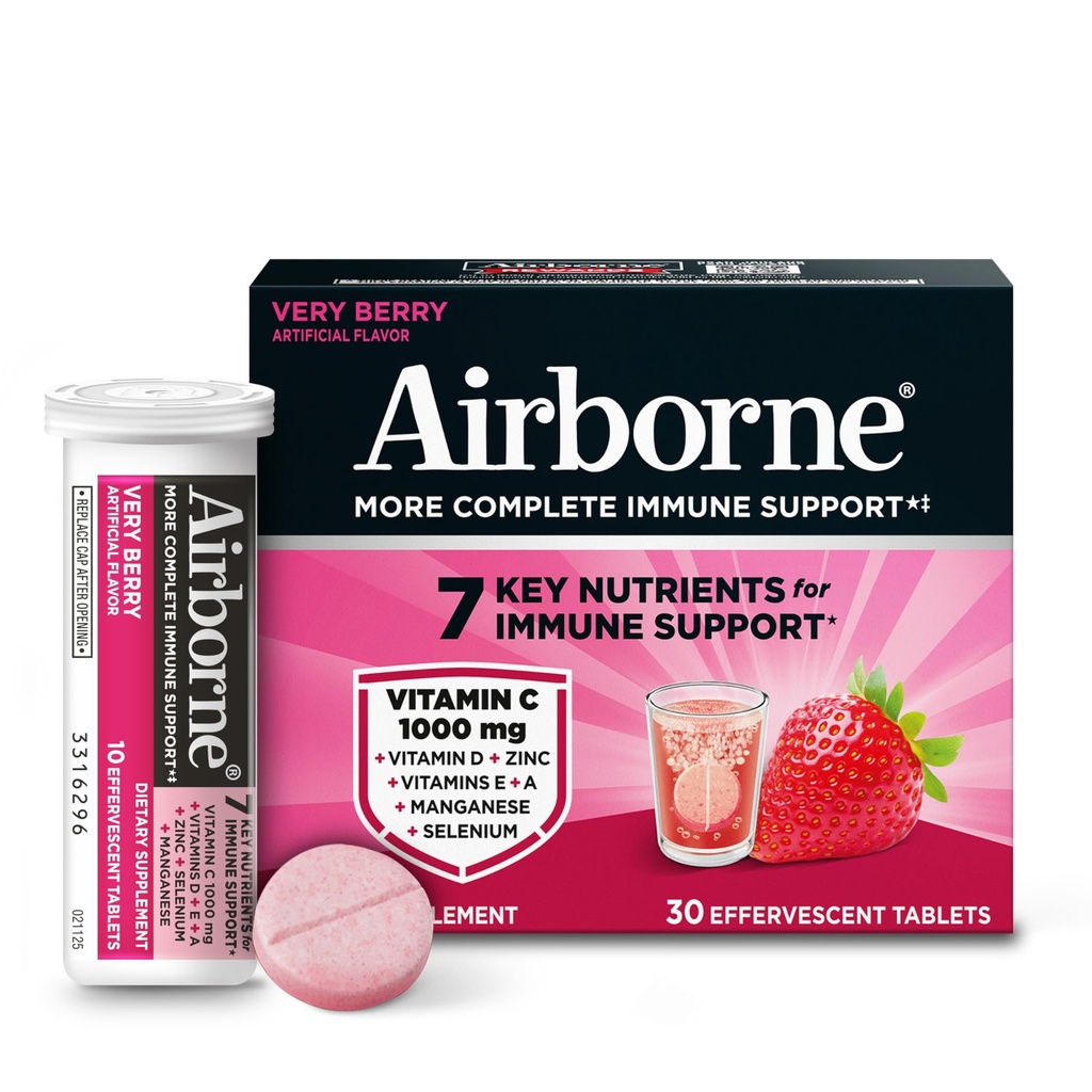 Airborne 1000mg Vitamine C met Vitamine D + Zinksuikervrije Multivitamine Immune Ondersteuning Bruisende Fizzy Drink Tablets, Zeer Berry Flavor met Krachtige Antioxidanten VIT A C & E, 30 Tablets