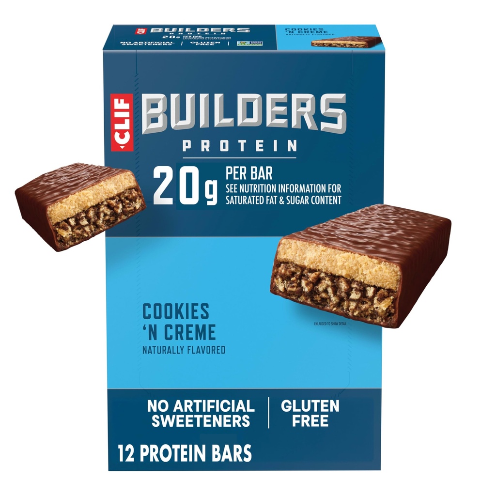 CLIF BUILDERS proteïnerepen - Cookies 'n Cream Flavor - 20g plantaardige eiwit - Glutenvrij - niet-GMO - lage Glykemie - Geen kunstmatige zoetstoffen - 2,4 oz. (12 Pack)