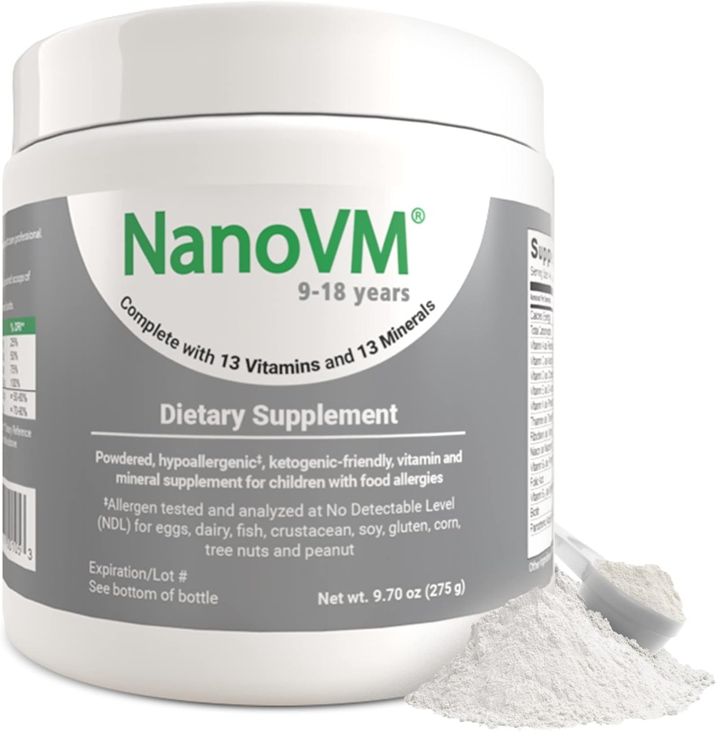 9-18 jaar, Allergenenvrije kinderen Multivitamine, Unflavored Powdered Vitaminen, Multivitamine Poeder met 13 Vitaminen & 13 Mineralen, Low-Carbohydraat Vitamine Supplementen, 275g - Solace Nutrition