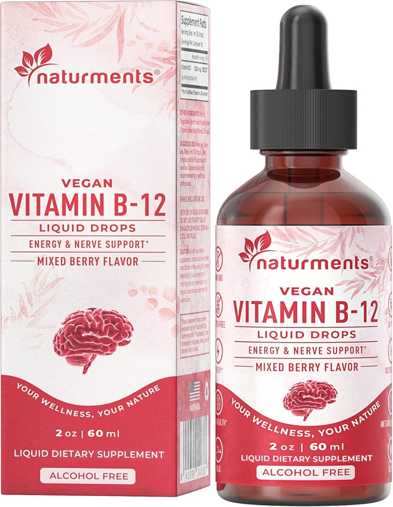 Naturments Vitamine B12 5000 mcg Biologische Liquid Drops: Energie & zenuw ondersteuning- Vegan alcoholvrij, niet-GMO, suikervrij 2 Fl Oz