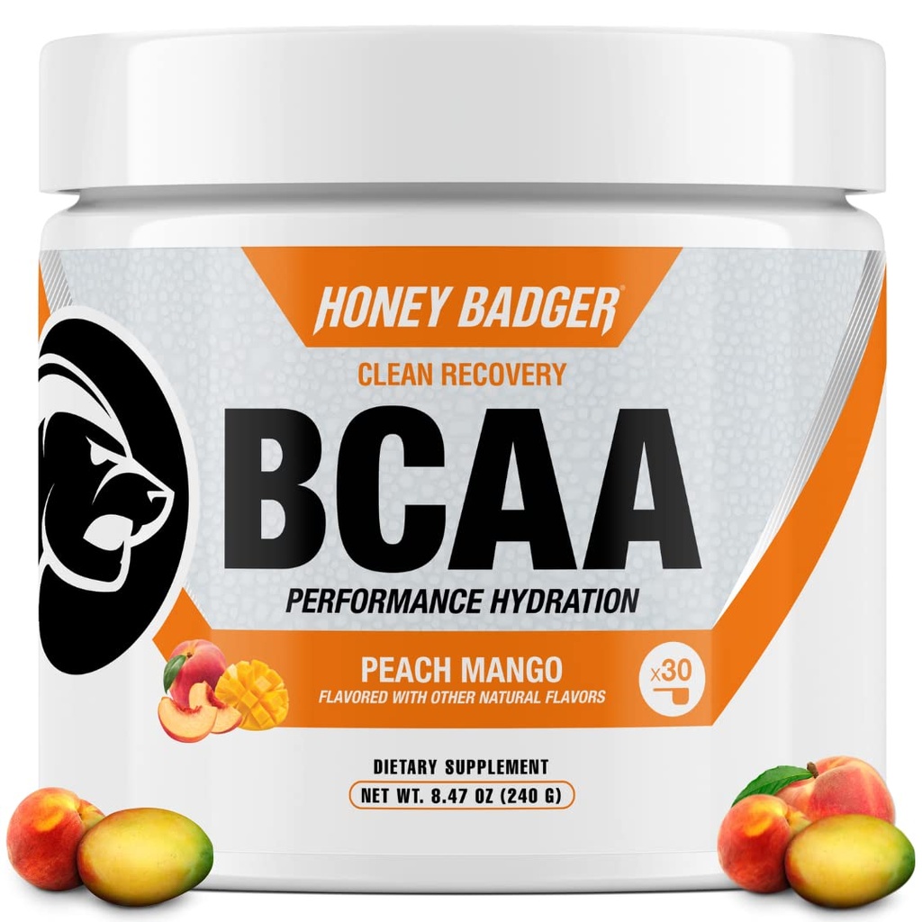 Blaireau au miel BCAA + EAA Amino Acides Poudre, BCAA + L-Glutamine, Keto, Vegan, Sans sucre pour les hommes et les femmes, Hydratation et post entraînement Muscle Recovery Drink Mix, Peach Mango, 30 portions