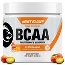 Honey Badger BCAA + EAA Aminozuren Poeder, BCAA's + L-Glutamine, Keto, Vegan, Suikervrij voor mannen & vrouwen, Hydratatie & Post Workout Muscle Recovery Drink Mix, Peach Mango, 30 Servers