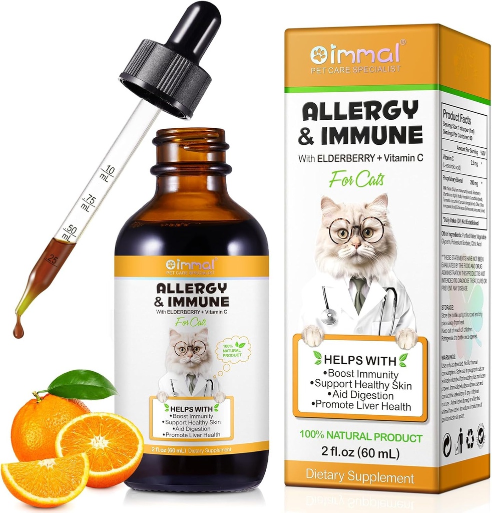 Allergie Relief Drops for Cats, Cat Allergie Immune Booster Treatment for Seasonal Allergies & Digestive, Healthy Liver & Immune System, Cat Herb Supplement with Vitamine C, Chicken Flavor - 60ml/2fl.oz