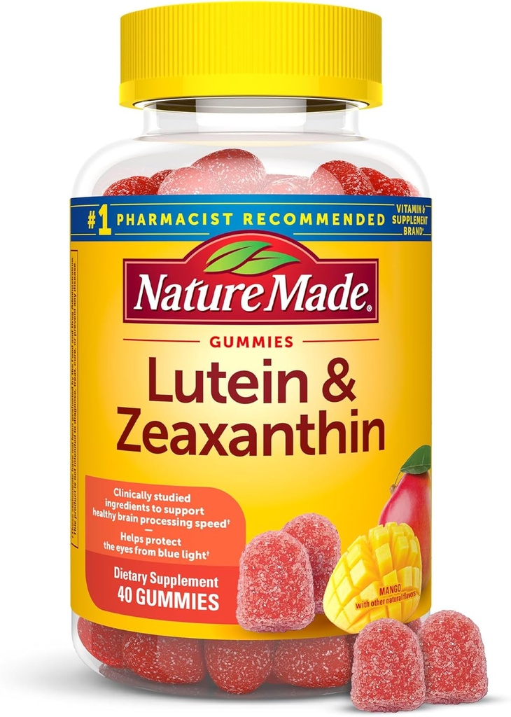 Nature faite Lutein & Zeaxanthin Gummies, Supplément oeil et cerveau, 40 Gummies végétaliennes, 20 jours d'approvisionnement