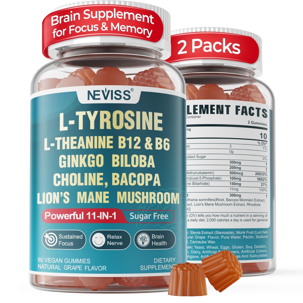 11-IN-1 Supplément Cerveau pour mémoire et focus avec L-Tyrosine L-Theanine, B12 et B6, Mushroom Lion's Mane, Ginkgo Biloba, Bacopa Monnieri, Choline for Focus, Nootropic, Energy, 2Packs
