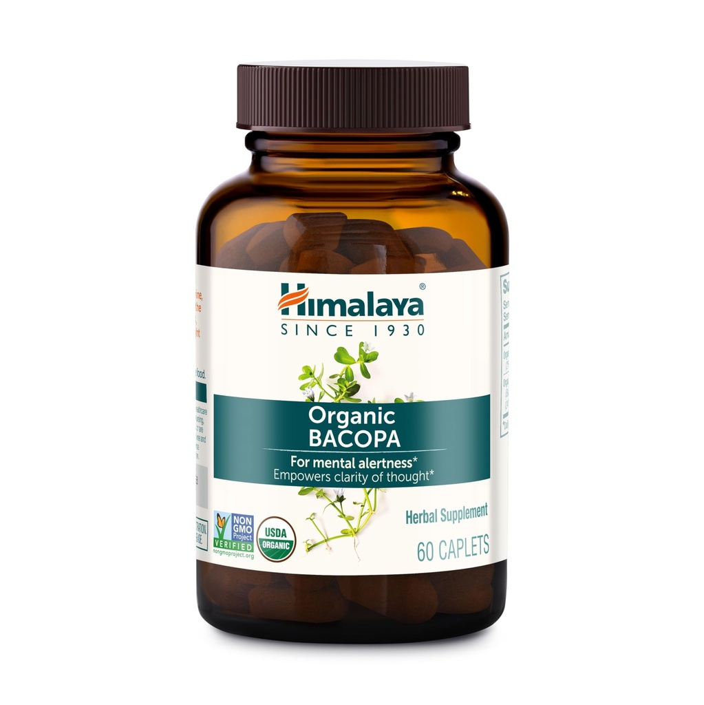 Himalaya Bacopa Monnieri Nootropic Kruidensupplement, Ondersteunt kalmte, geheugen, cognitie, USDA Certified Organic, Non-GMO, 750 mg, 60 Plant-Based Caplets, 60 Day Supply
