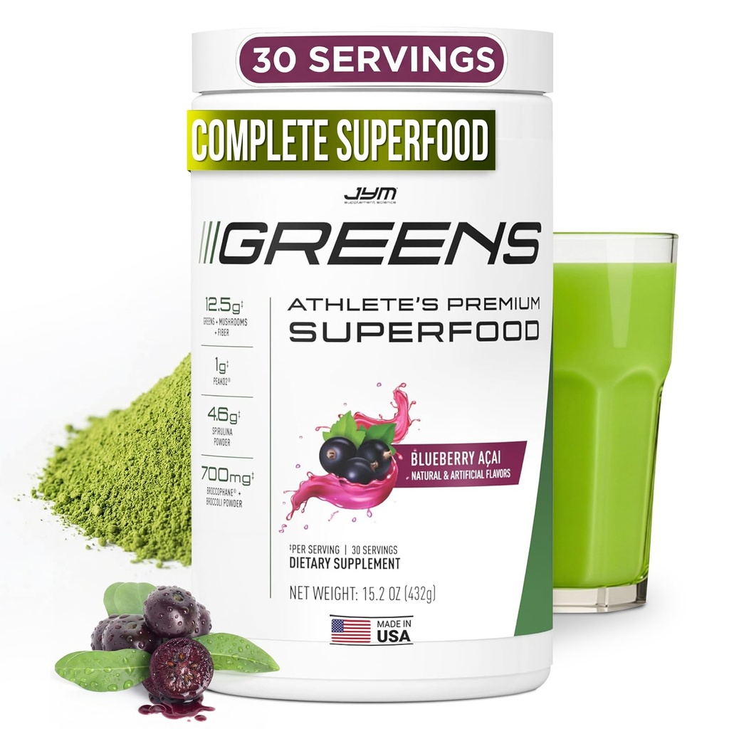 JYM Greens Super Food Powder for Performance, Blueberry Acai, Spirulina, Paddenstoelen, Vitaminen, BroccoPhane & Broccoli, Mannen & Women, 30 Servers