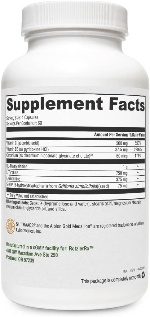 Crave Control by RetzlerRx - Ondersteuning om te helpen Curb Appetite and Combat Cravings - Chroom, DL-Fenylalanine, L-Glutamine, Vitamine B6 + 5-HTP voor Mood & Appetite Ondersteuning (240 Capsules)