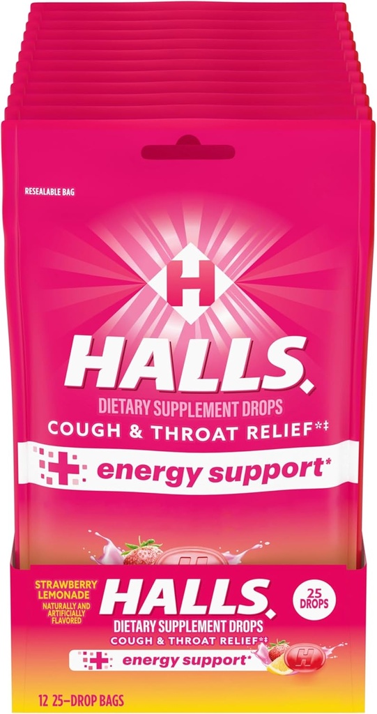 HALLS Relief + Energy Support, Aardbei Lemonade Cough Drops, 12 Zakken van 25 Drops (300 Total Drops)