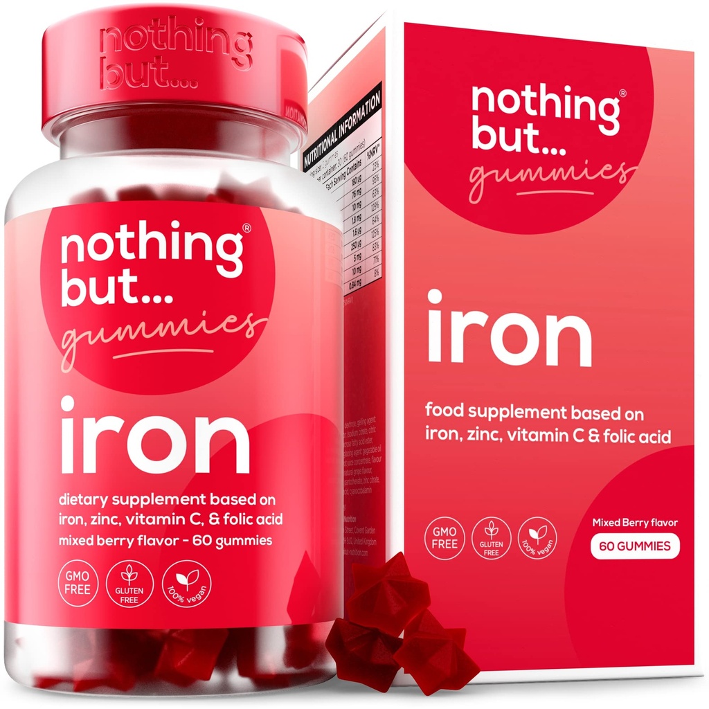 Women & Men Natural Iron Supplement Een heerlijke gemengde Berry Flavor Chewable Vegan Iron Supplements w/Vitamine C, Zink, Folic Acid & B Vitamines 60 Iron Gummies