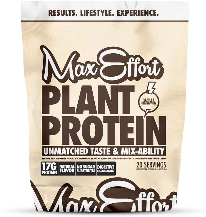 MAX EFFORT Plant Proteïnepoeder, 17 G Pea Proteïne, Plantenrijk, Glutenvrij, Lage Carb, Proteïne Shake of Smoothie Mix, Maaltijd Vervanging, Geen Wei, Geen Suiker Substituten, Vanille Kaneel, 20 Srvg