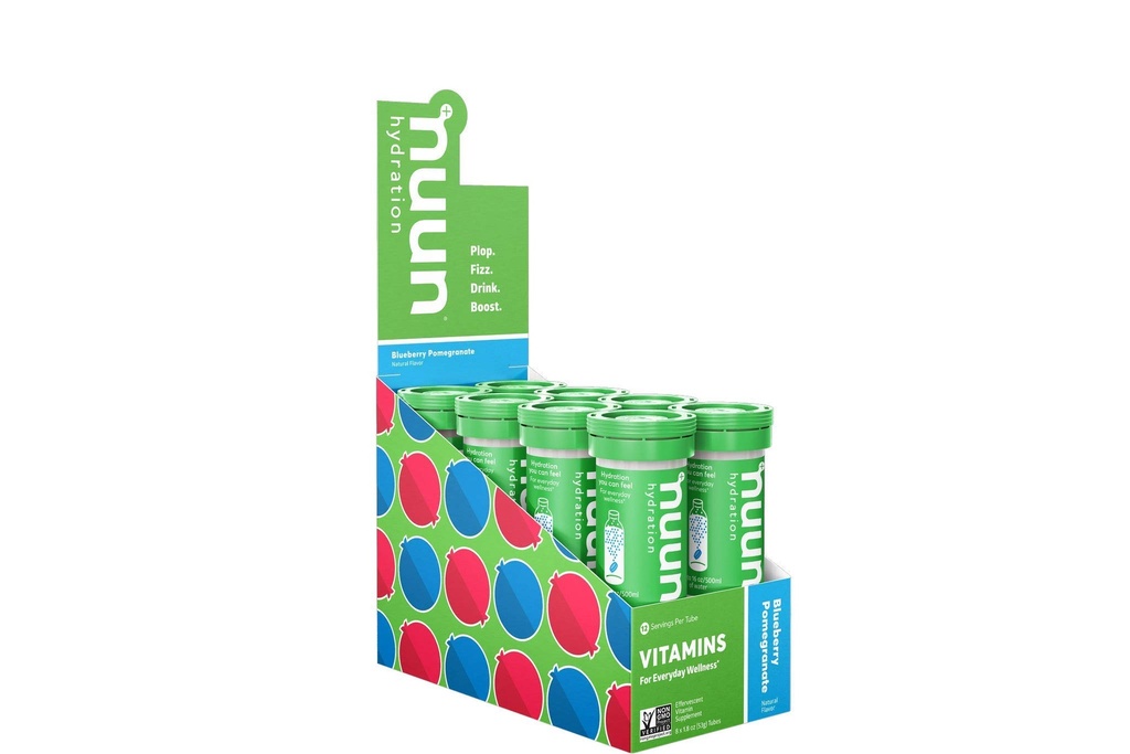 Vitamines Nuun Comprimés d'électrolytes avec vitamine D, C, E, A et B6, acide folique, magnésium et 4 autres électrolytes essentiels, sans gluten et végétalien, grenade aux bleuets, 8 paquets (96 portions Total)