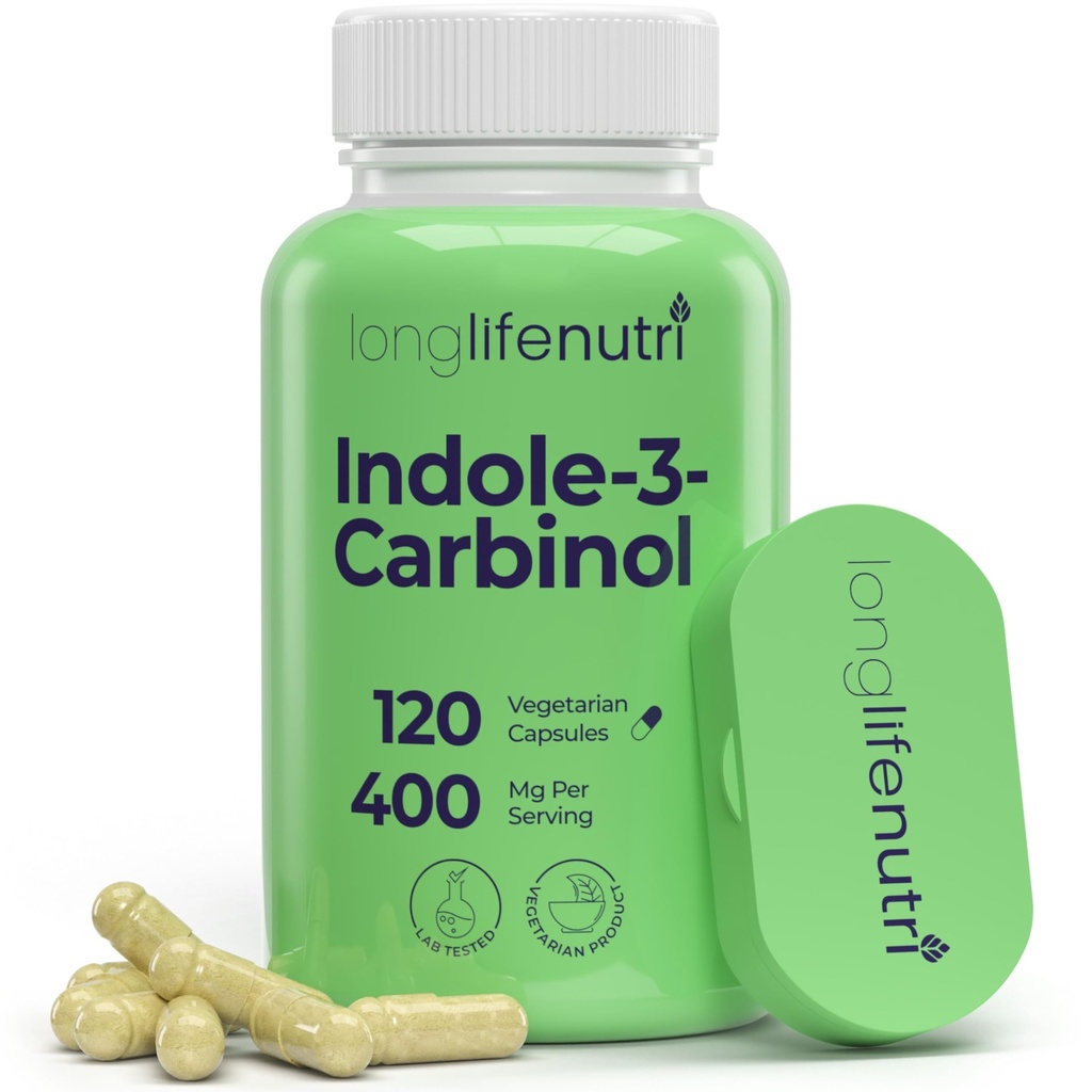 LongLifeNutri Indole-3-Carbinol 400mg - 120 Vegeteriaanse Capsules, 4-maands levering, Organische Supplement voor Hormone Balance & Cellular Health, Lab getest, Made in USA