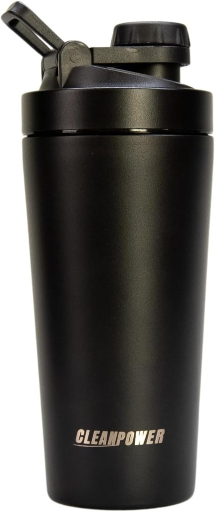 CleanPower Stainless Steel Shaker Bottle | Perfect for Protein Shakes, Pre-Workout, Smoothies, Coffee, etc. | Odor-Resistant | BPA Free Lid (Matte Black)