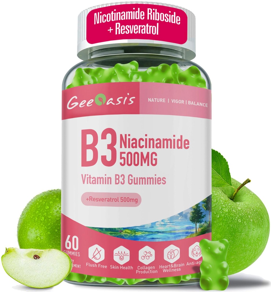 Niacinamide 500mg Gummies, supplément de vitamine B3 à croquer avec resvératrol 500mg, Niacin haute puissance pour l'antioxydant, la peau et la santé du cerveau, soutien immunitaire, saveur de pomme végétalienne, 60 comte