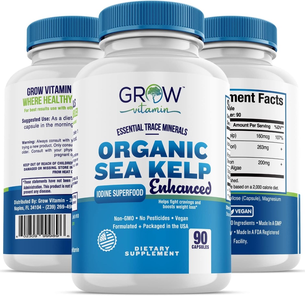 Biologische Zee Kelp (IJslands) Enhanced - Pure Gezonde Schildklier Ondersteuning Natuurlijke Jodium Supplement w/Organische Zee Kelp, Blauw-Groene Algen & Red Algen - Immune System & Metabolisme Ondersteuning - 90 Capsules