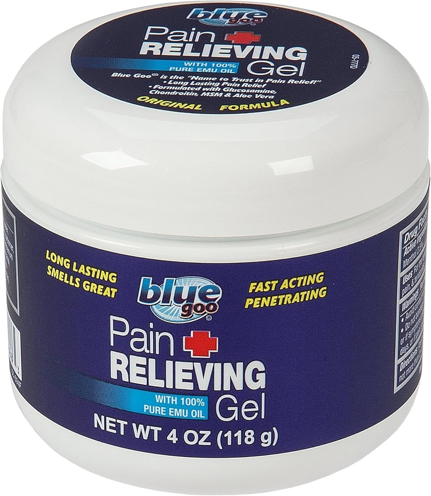 Gel de soulagement de la douleur de Goo bleu – Relief pour le dos, le cou, le muscle et la douleur articulaire, Refroidissement rapide et soulagement apaisant avec 100% huile d'émeu pur, 4 oz (1 paquet)