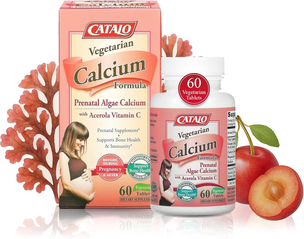 CATALO Vegetarische calciumformule, plantaardige rode algencalcium met natuurlijke vitamine C, gemakkelijk te onderscheiden, minerale rijk voor dagelijkse voeding, ideaal voor zwangerschap en borstvoeding - 90 tabletten