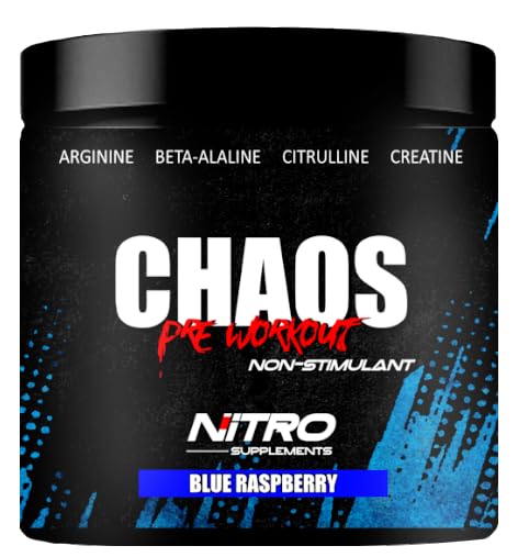 Nitro Supplementen - Chaos - Non Stim Pre-Workout (30 Sevings) Beta-Alanine, L-Citrulline, Arginine, Creatine, Taurine Stim-Free Non-Stimulant (30 Servers, Blue Raspberry)