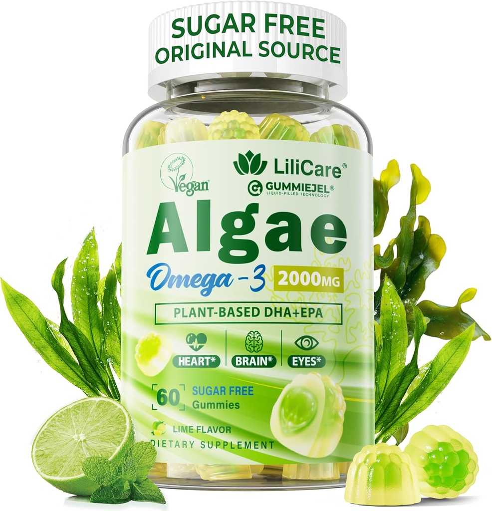 Omega 3 Gummies 2200mg uit Algenolie (DHA 640mg & EPA 290mg) voor vrouwen en mannen, Veganistische Omega 3 Visolie Alternatief, w/CoQ10, Astaxanthine, Vitamine A, E, D3 voor hersenen, oog, antioxidant, suikervrij, 1pack