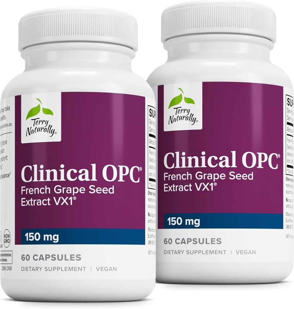 Terry naturellement Clinical OPC - Supplément de soutien cardiovasculaire et focus - Supplément alimentaire avec extrait de graines de raisin et lécithine de tournesol - Soutien immunitaire - 150 mg, 60 Softgels (paquet de 2)