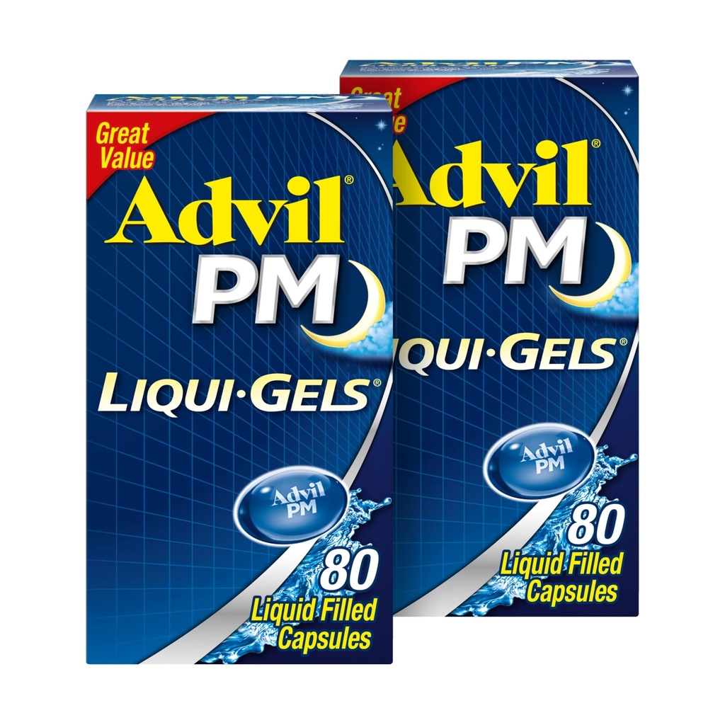 Advil PM Liqui-Gels Pain Reliever and Nighttime Sleep Aid, Pain Medicine with Ibuprofen for Pain Relief and Difenhydramine HCL for a Sleep Aid - 2x80 Liquid Filled Capsules