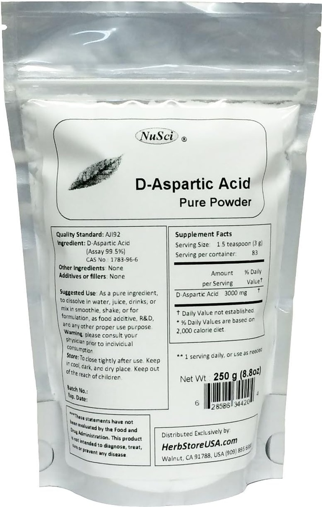 Pure D-Aspartic Acid (DAA) Powder AJI Quality Standard (250 Gram (8,8 oz))