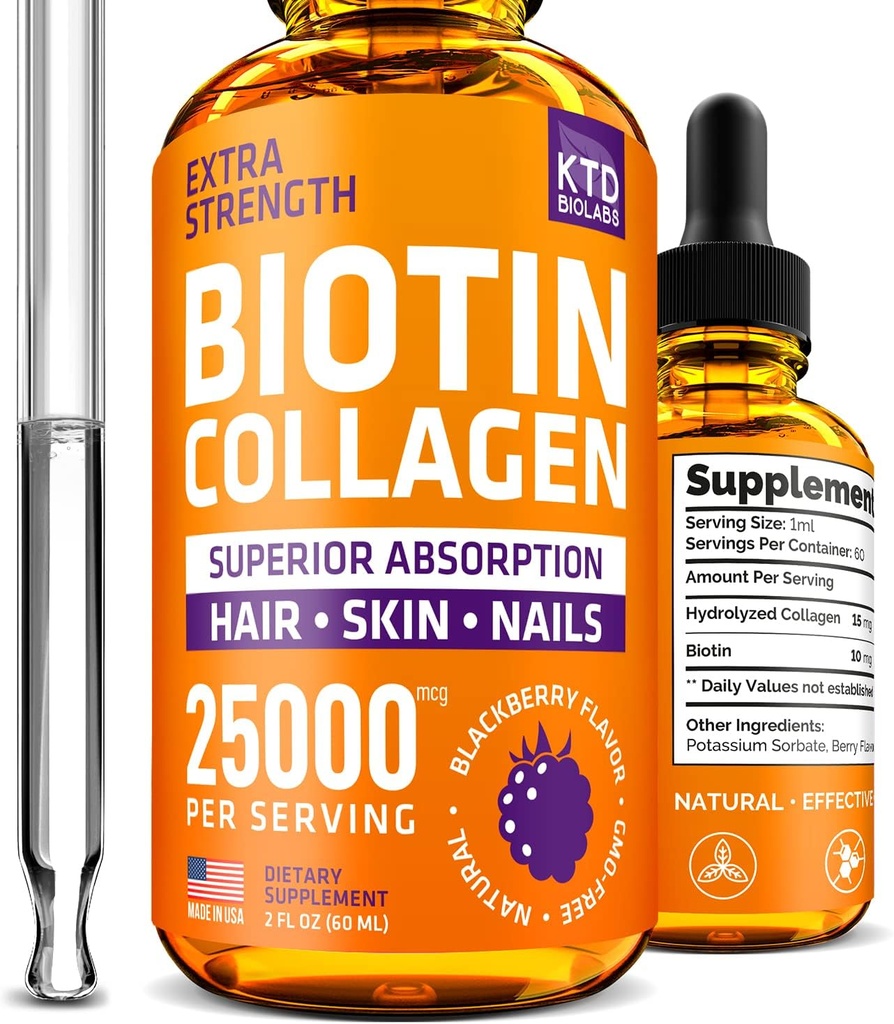 Collagène liquide et gouttes de biotine pour la croissance des cheveux 25 000 mcg - Fabriqué aux États-Unis Collagène et vitamines de biotine pour la peau et les ongles des cheveux - Collagène hydrolysé et supplément de biotine pour les femmes et les hommes