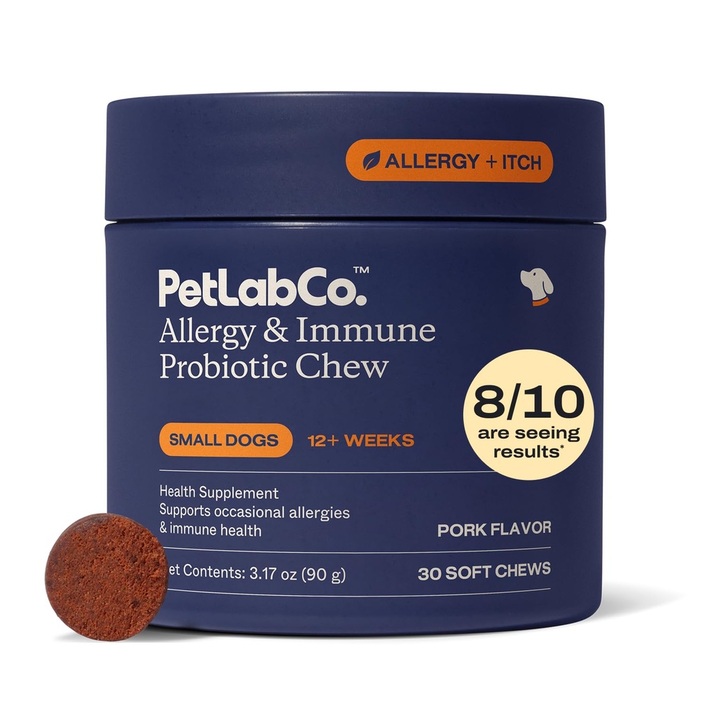 PetLab Co. Allergie & Immune Dagelijkse Probiotica voor honden. Ondersteunt Gistproductie, Seizoensgebonden Allergieën, Intermitterende Itchiness, Gut & Digestieve Gezondheid - 30 Kauwen voor kleine honden - Verpakking mei Vary