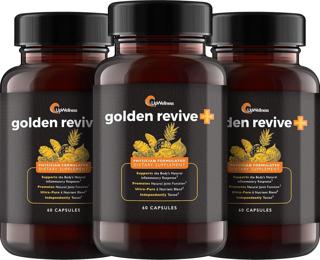 UpWellness Supplément de soutien Golden Revive + Joint avec curcuma avec poivre noir, quercetine et Magnésium- Supplément de boswellia curcuma - 6 ingrédients actifs - 60 capsules, 3 pack