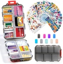 14 Grilles Boîte d'organisateur de pilules de voyage avec 415-Pcs Nom de la médecine Étiquettes - Pocket Daily Pharmacie Trousse de contenant de cas - Distributeur de médicaments de voyage pour l'huile de poisson entreposage de supplément de vitamine - Gris clair