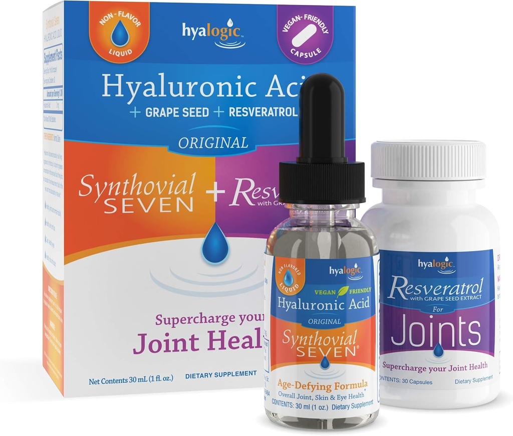 Hyalogische Synthoviaal Zeven Hyaluronzuur Vloeistof & Resveratrol Capsules - HA Gezamenlijke ondersteuning - Vegan - 1 oz