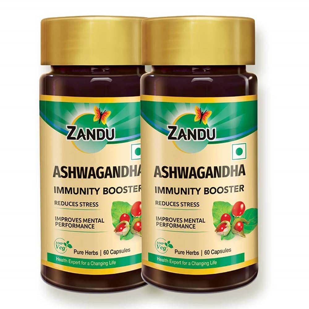 Zandu Ashwagandha capsules (120 veg caps), samengesteld met Pure Extracten van Ashwagandha, Immunity Booster, Voor Natuurlijke Body Strength, Stress Buster (Pack van 60 x 2)
