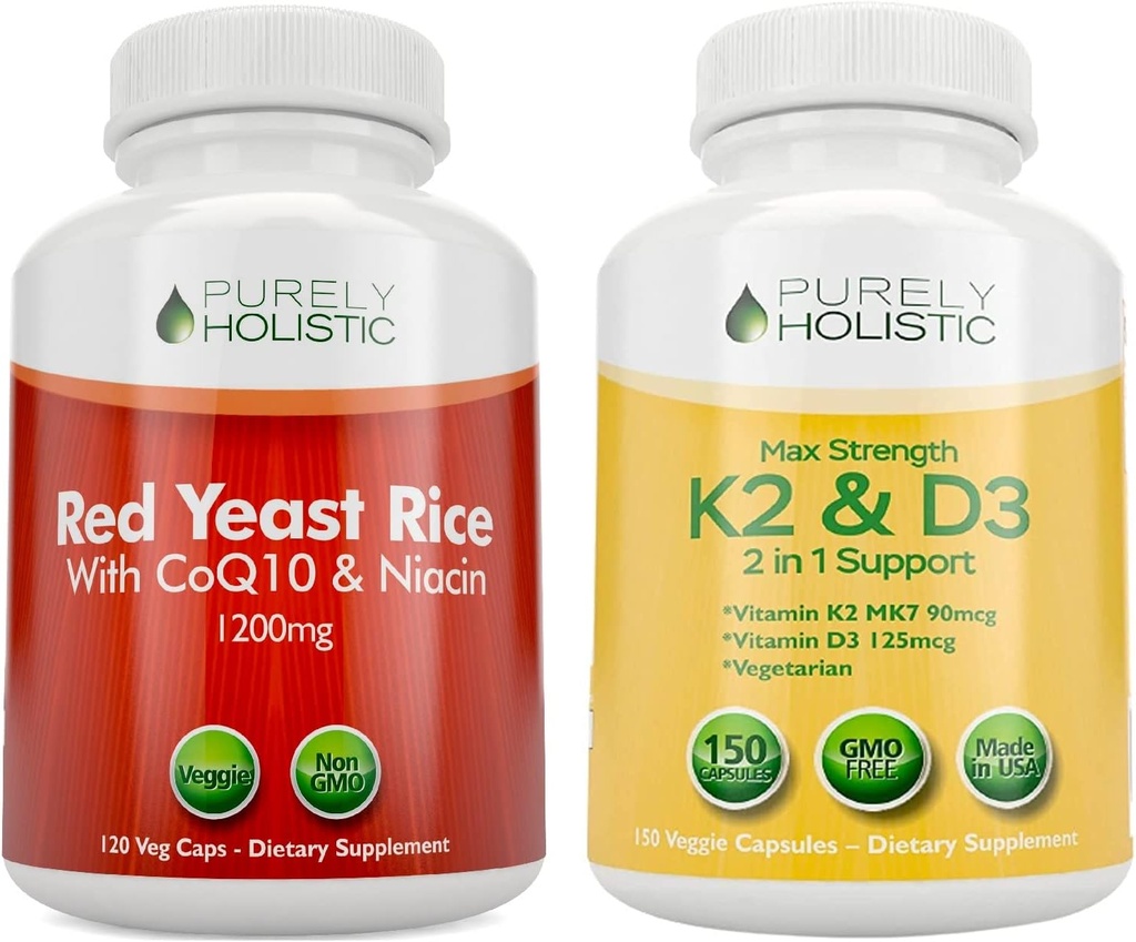 Riz de levure rouge purement Holistique 1200mg avec CoQ10 & Niacine + Vitamine D3 5000 UI (125mcg) & K2 MK7 90mcg Bundle - 270 Capsules végétariennes - Fabriqué aux États-Unis
