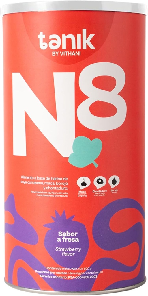 Vithani N8 - Poudre de multivitamines avec Maca, Borojo, Fruit de Peach-Palm, Zinc, Calcium, Omega 3, Omega 6 et vitamines, Saveur de fraise, 20 portions, Soutien énergétique si vous vous sentez fatigué