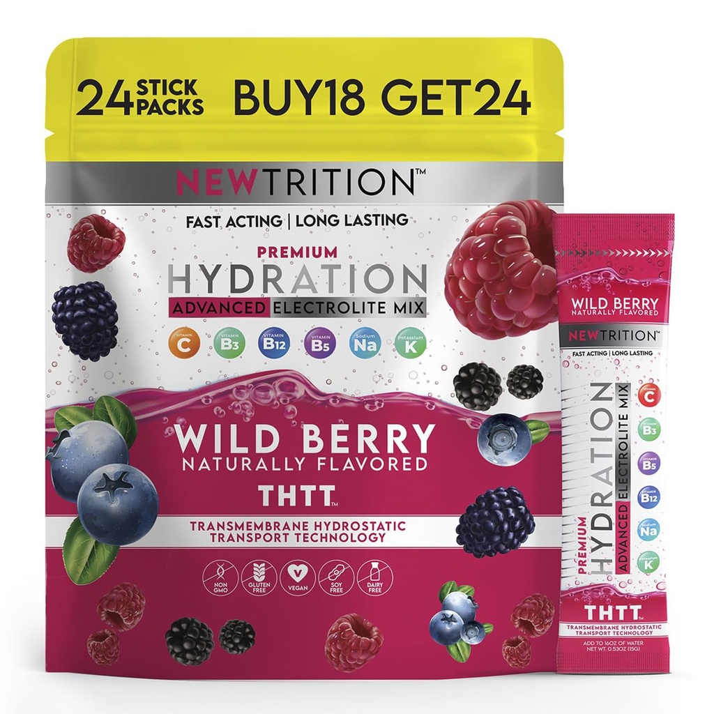 Poudre d'hydratation, pack de 24 paquets de poudre d'électrolyte, packs d'hydratants naturellement aromatisés pour l'eau, électrolytes d'hydrat rapide avec vitamines B & C, énergie et récupération