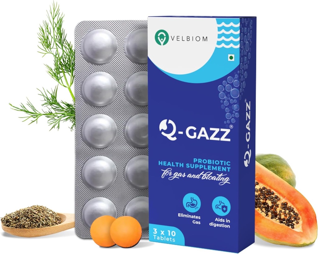 Q-Gazz Helps in Gas, Bloating and Indigestion Clinically Proven Unique Blend of Probiotics, Carminative Oils and Digestive Enzymes for Men & Women Formulated by Doctors - 30 Tablets