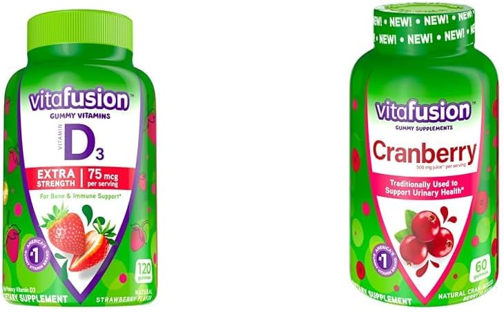 Vitafusie Extra sterkte Vitamine D3 Gummy Aardbei Flavored Bone & Immune Support (120 Tellen) + Cranberry Gummies voor vrouwen Urinaire gezondheid Ondersteuning (60 Tellen)