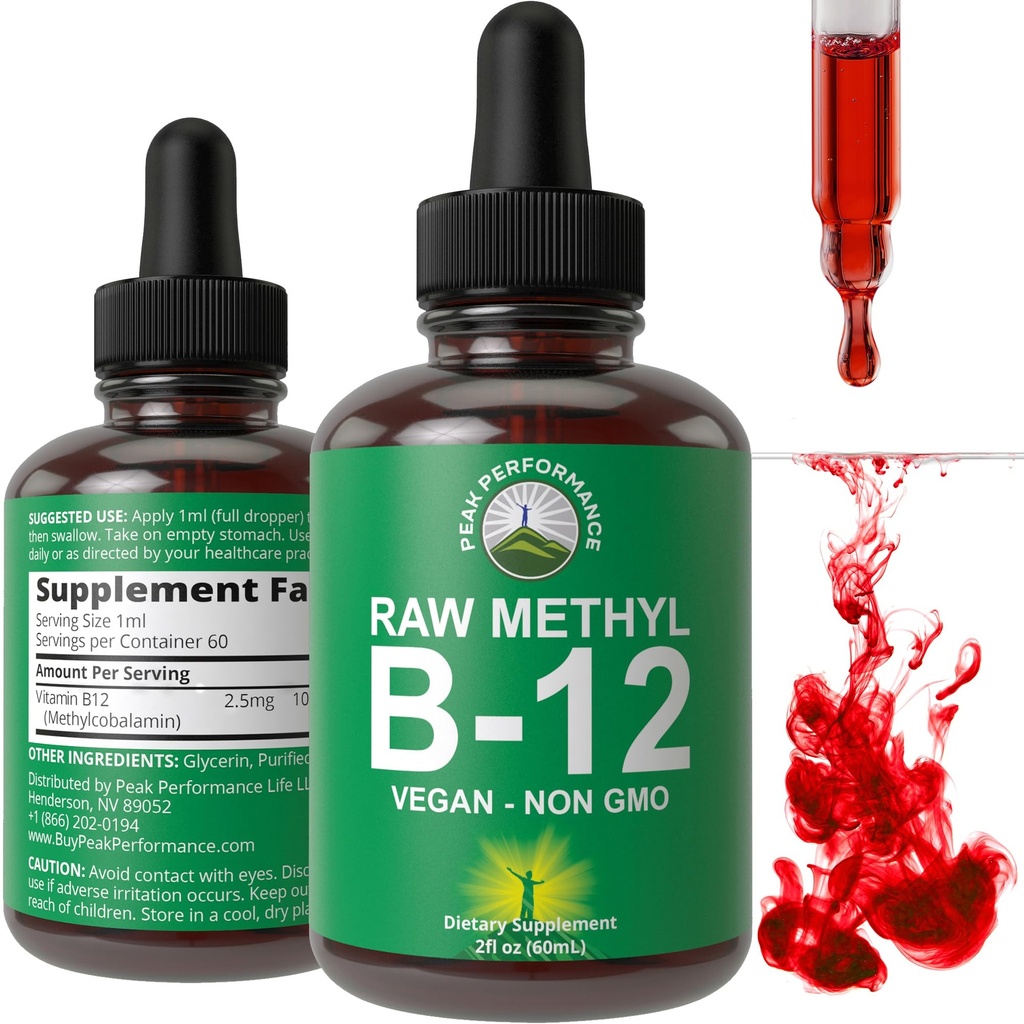 Raw Methyl B12 Liquid Drops. Sublingual Fast Acting Advanced Vegan B 12 Liquid Vitamin Supplement. Hoge biologische beschikbaarheid Methylcobalamine B-12 Vitaminen voor energie, focus en verlichting. voor mannen + vrouwen