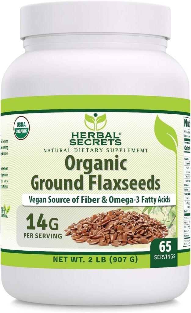 Secrets à base de plantes USDA Graines de lin de fond organiques 2 Lbs Poudre de 14 Grams par portion de $ 65 portions Excellente source végane de fibre et d'oméga -3 acides gras $ Non-OGM (2 Lb)