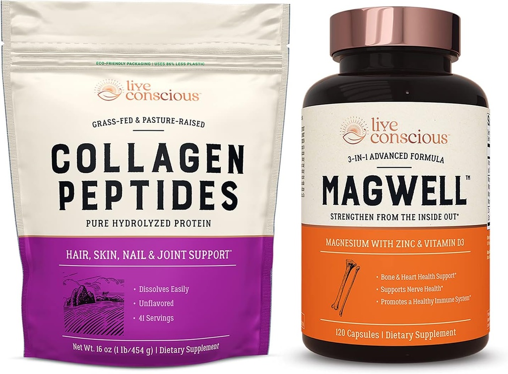 Live Conscious Collageen Peptides & MagWell Magnesium Zink & Vitamine D3 Haar-, huid-, nagel- en gewrichtsondersteuning + Bone & Heart Health, Immuunsysteemondersteuning