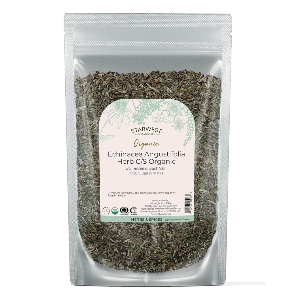 Starwest Botanicals Gedroogde Echinacea Angustifolia Biologische - Loose Leaf Herb for Tea, Tinctures, & Natural Herbal Blends, Cut & Sifted, Certified Kosher, Non-GMO - 4 oz Pouch